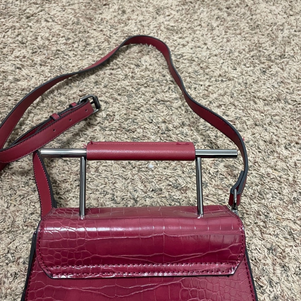 Burgundy Croc Embossed Structured Crossbody Bag with Metal Bar Handle - Picture 6 of 6
